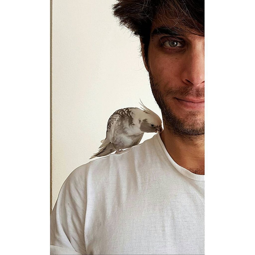 Marco Rossetti senza barba, con pappagallo