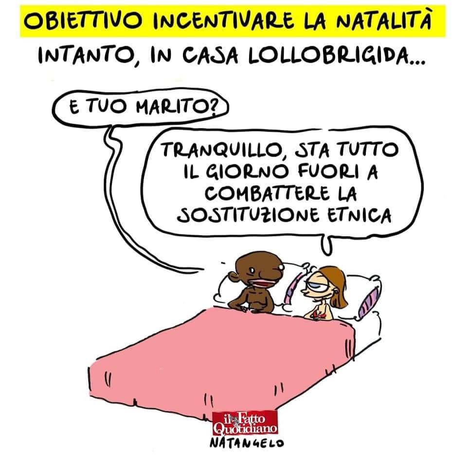 Arianna Meloni e Francesco Lollobrigida nella vignetta di Natangelo de Il Fatto Quotidiano. 