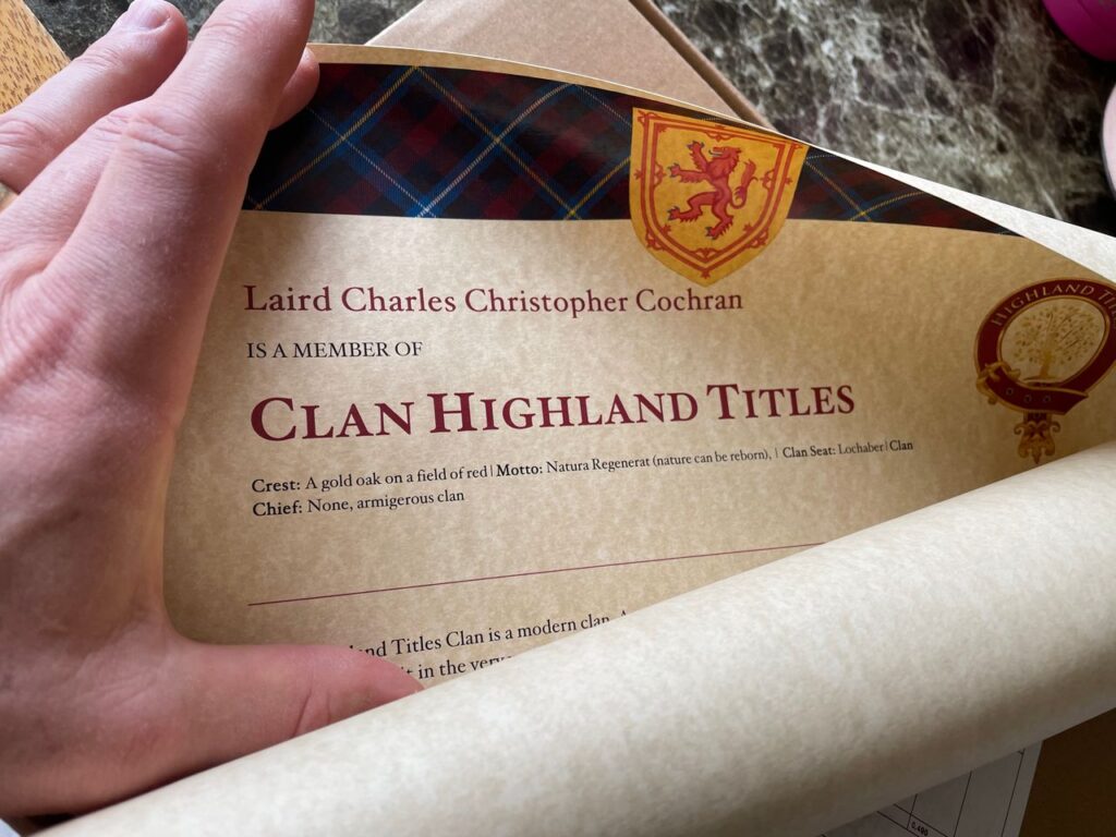 Il certificato inviato da Highland Titles