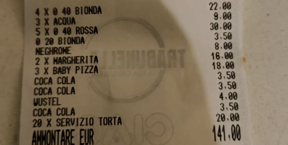 Scontrino a Palermo su 20 euro per il taglio della torta