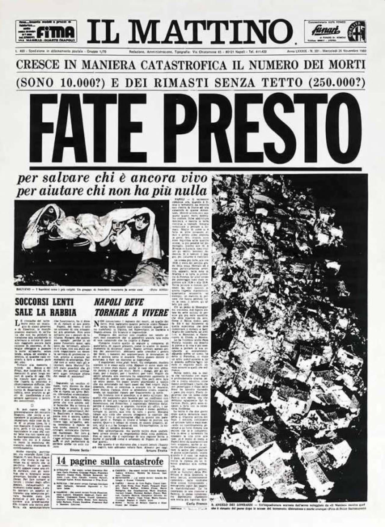 Prima pagina de Il Mattino, terremoto in Irpinia 1980: Fate Presto