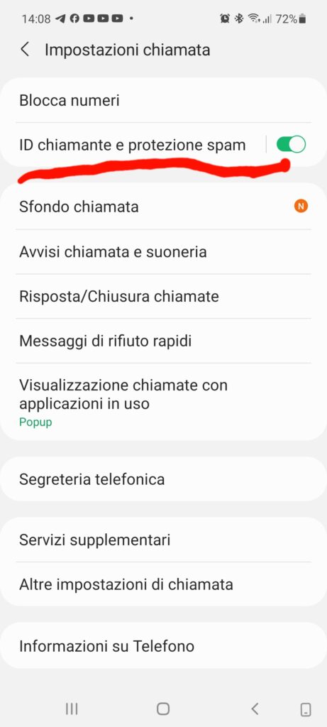 Screenshot Android per il blocco delle chiamate spam