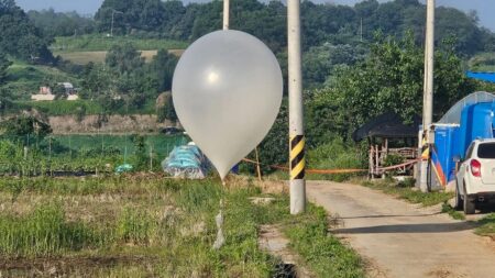 Uno dei palloni nord coreani con il sacco d'immondizia