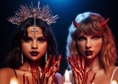 selena gomez e taylor swift con le mani insanguinate