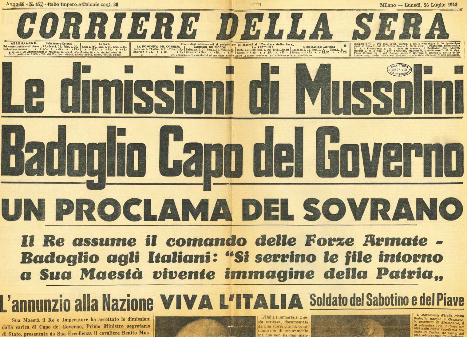 Prima pagina Corriere della Sera dimissioni Mussolini