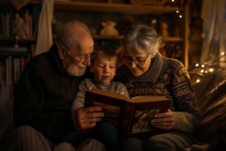 Due nonni leggono una favola al loro nipotino