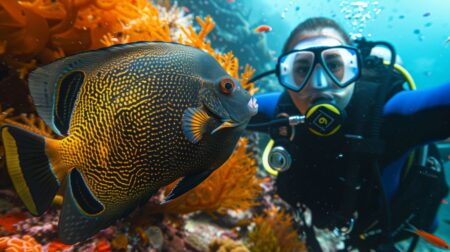 sub in fondo al mare con un pesce