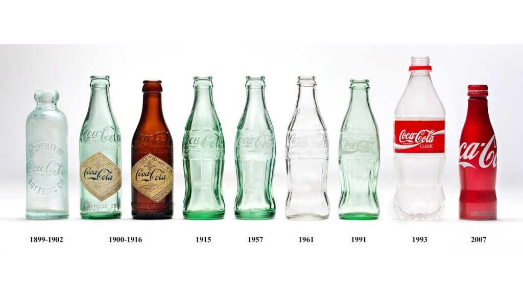 Vari formati di bottiglie di Coca Cola dal 1899 ad oggi
