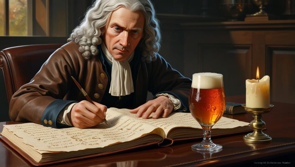 Isaac Newton scrive le sue teorie con un bicchiere di birra vicino