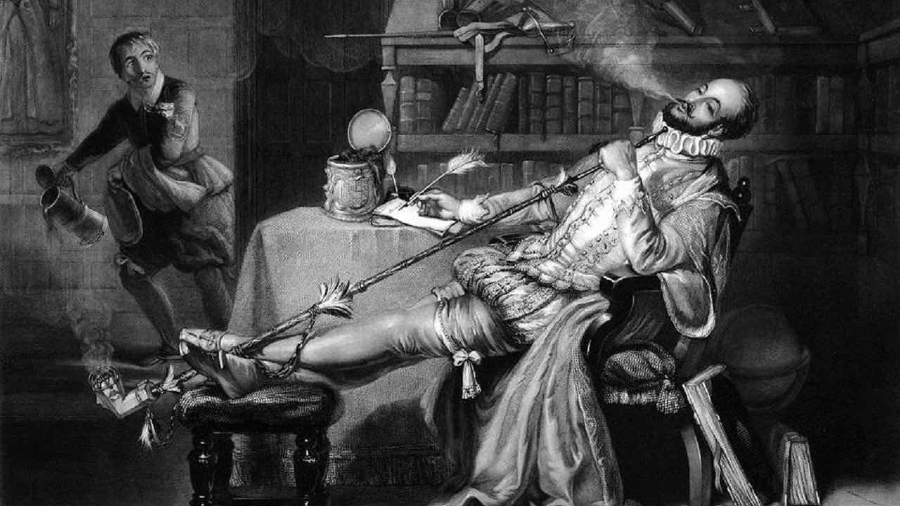 Sir Walter Raleigh fuma la pipa in un'illustrazione di Frederick William Fairholt