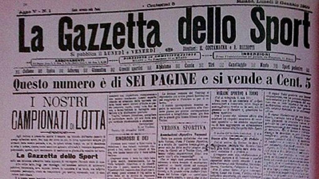 La prima pagina del primo numero della Gazzetta dello Sport stampato in rosa, il 2 gennaio 1899