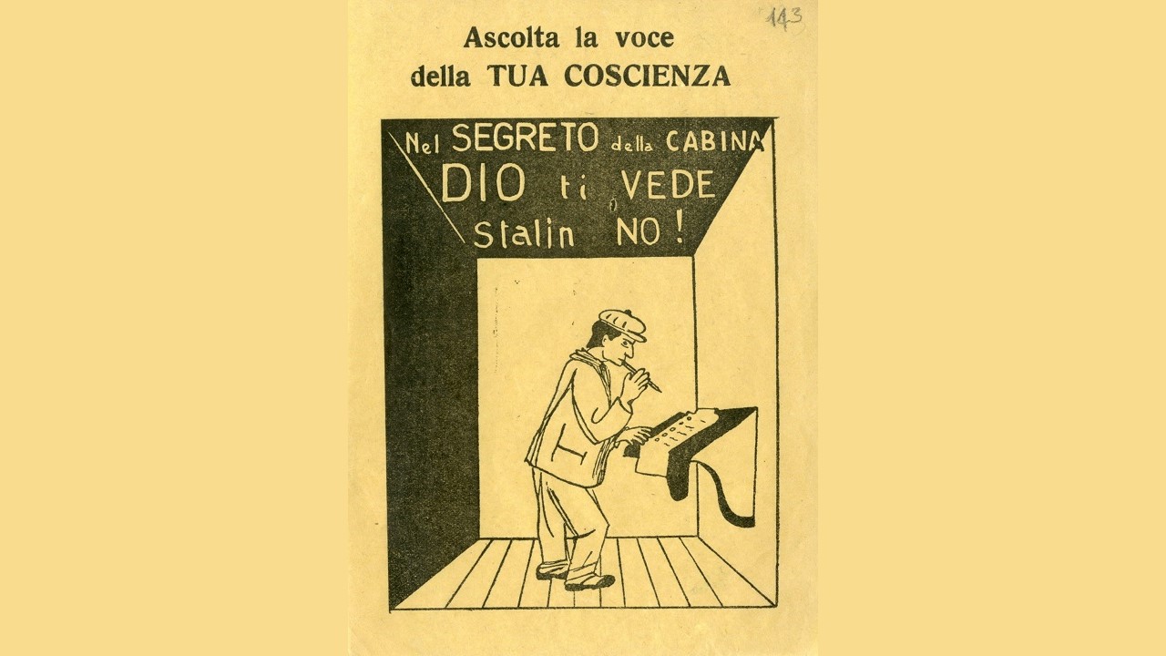Una vignetta che riporta uno slogan di Giovannino Guareschi, poi utilizzato dalla DC per la campagna elettorale del 1948