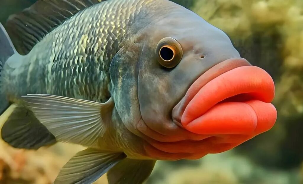 Pesce ciclide con labbra rosse