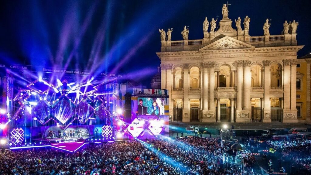 Un'immagine del Concertone del Primo Maggio, con la Basilica di San Giovanni in Laterano sullo sfondo