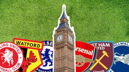 Il Big Ben di Londra con i loghi di Welling United, Watford, Chelsea, Arsenal, West Ham e Millwall