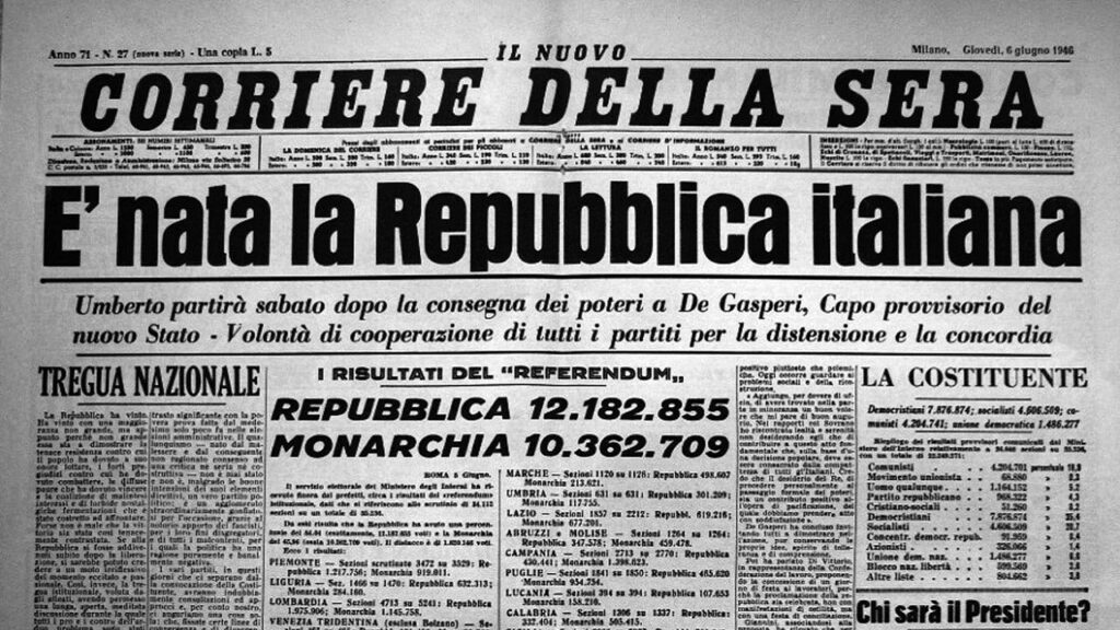 La prima pagina del Corriere della Sera che annuncia la nascita della Repubblica Italiana