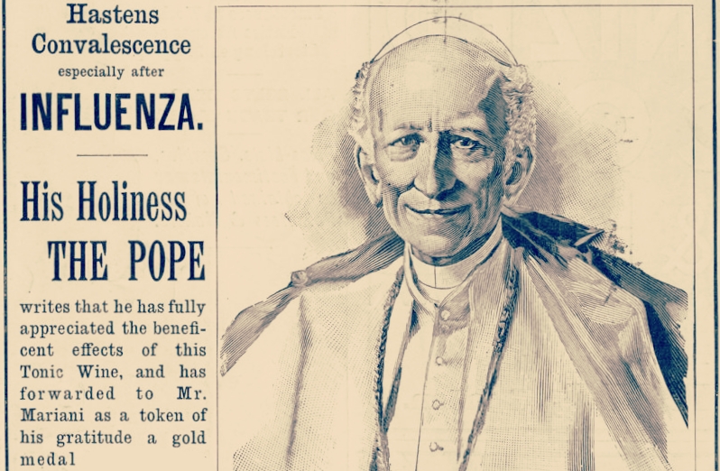 La locandina pubblicitaria con testimonial Papa Leone XIII (fonte Periodico Daily)