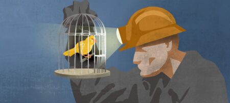 rappresentazione grafica di un minatore con un canarino