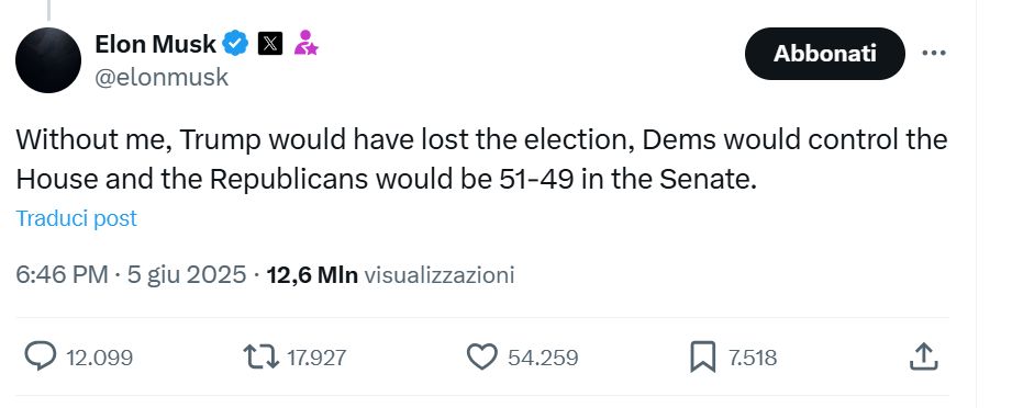 Elon Musk attacca Trump su X