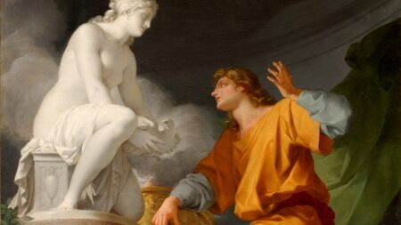 Il dipinto "Pigmalione supplica Venere di animare la sua statua" di Jean-Baptiste Regnault
