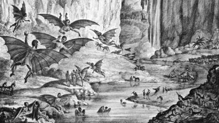Una litografia del Great Moon Hoax raffigurante l'"Anfiteatro di rubino" descritto negli articoli del New York Sun