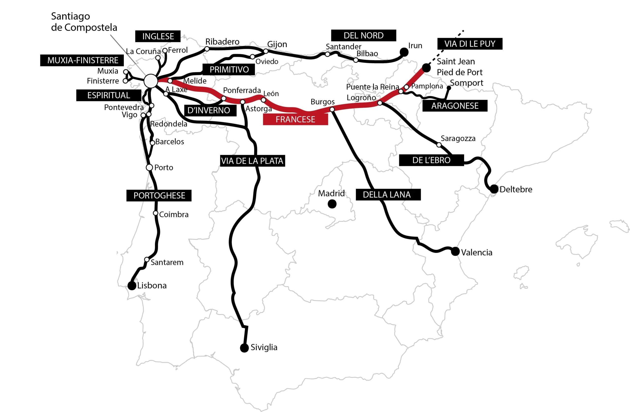 Mappa del Cammino di Santiago Francese