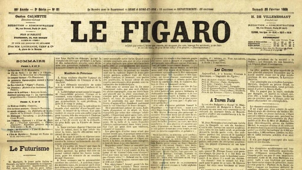 La prima pagina di Le Figaro del 20 febbraio 1909, con gli 11 punti del Manifesto futurista di Marinetti