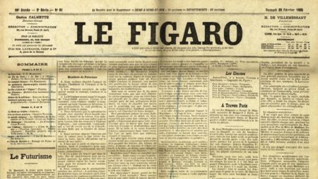 La prima pagina di Le Figaro del 20 febbraio 1909, con gli 11 punti del Manifesto futurista di Marinetti