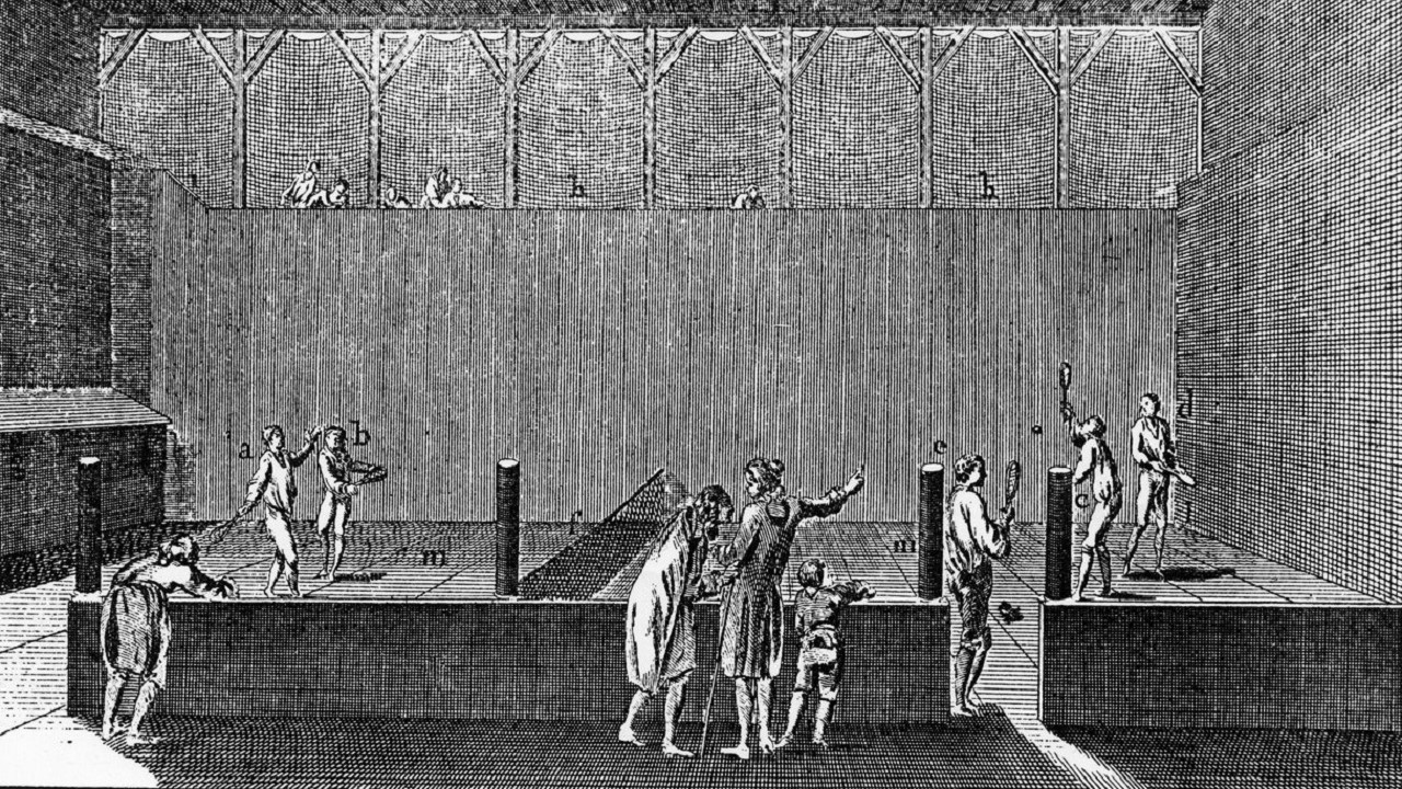 Litografia raffigurante una partita di pallacorda ai tempi di Luigi XIV