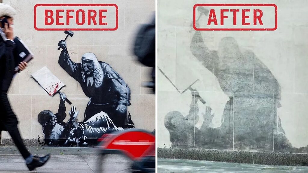 Il murale di Banksy prima e dopo l'intervento di cancellazione da parte delle autorità britanniche