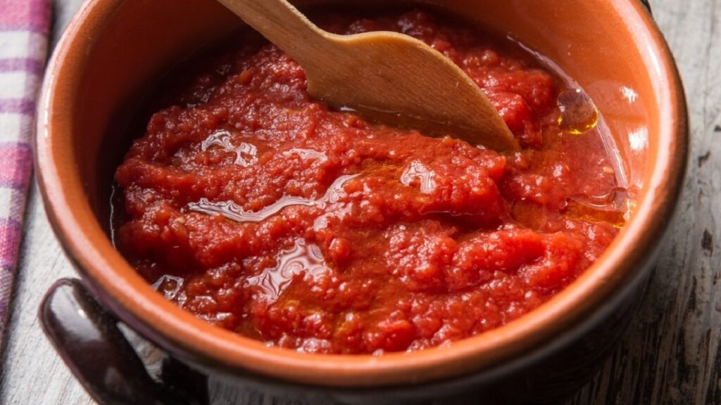 Una pentola di passata di pomodoro fatta in casa