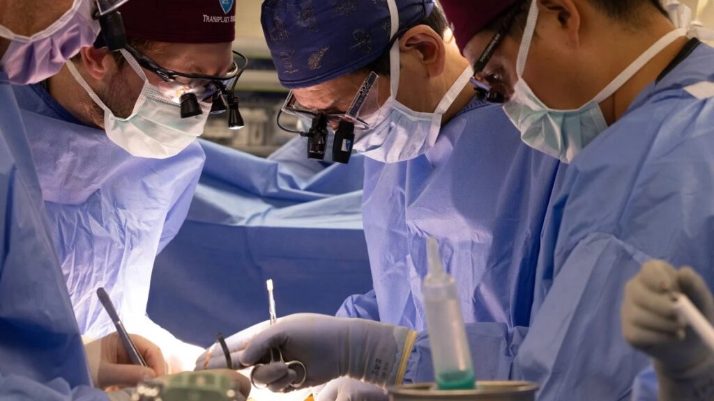 I chirurghi Nahel Elias, Alban Longchamp, Tatsuo Kawai e Shoko Kimura del Massachusetts General Hospital effettuano l'intervento di trapianto di rene su Bill Stewart