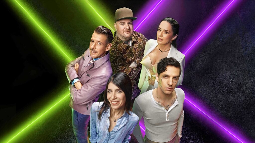 Il cast di X factor 2025: Francesco Gabbani, Jak e La Furia, Paola Iezzi, Giorgia e Achille Lauro