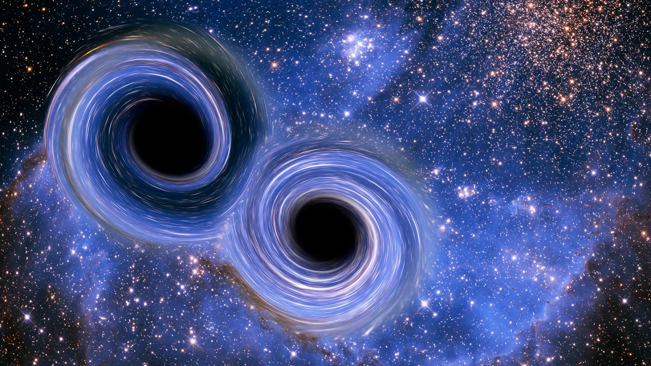 Un'illustrazione che rappresenta due buchi neri in procinto di fondersi tra loro