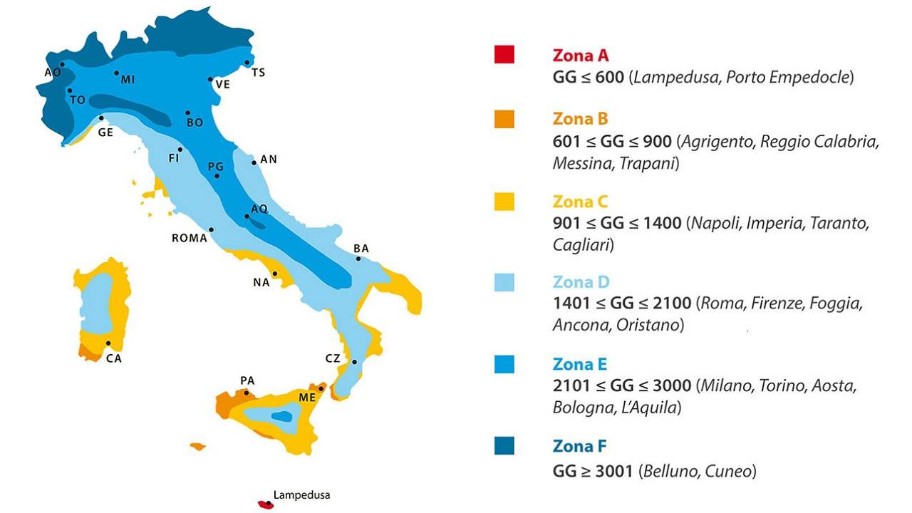 Le 6 zone climatiche in cui è suddivisa l'Italia