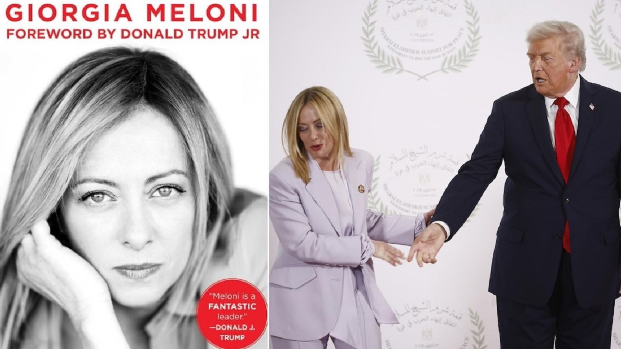 La copertina della versione americana dell'autobiografia di Giorgia Meloni; a destra, la premier con Donald Trump a Sharm El Sheik