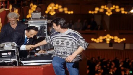 Pino Pagano a Sanremo 1995 insieme a Pippo Baudo