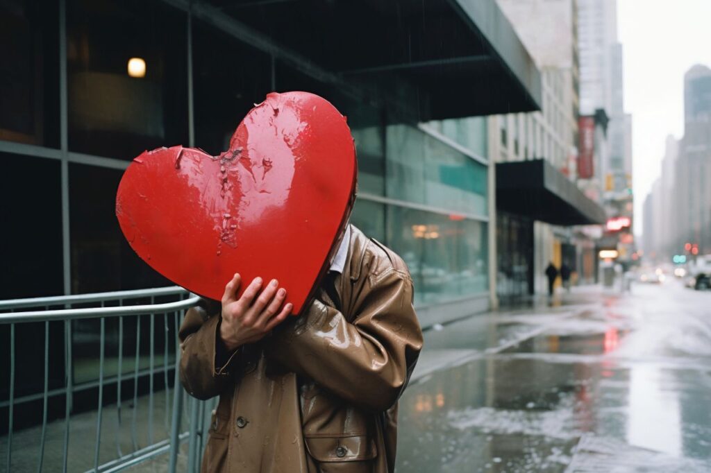 persona che si protegge dalla pioggia con un cuore