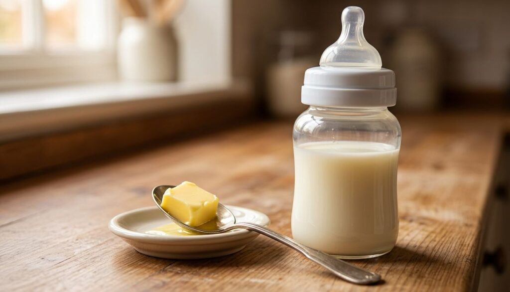 Cucchiaio di burro vicino al biberon