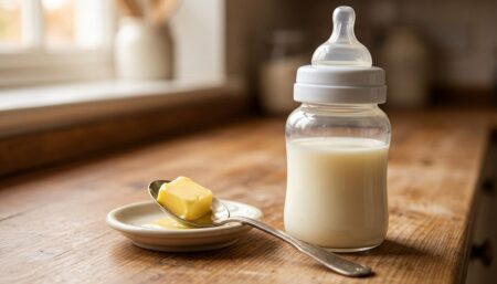 Cucchiaio di burro vicino al biberon