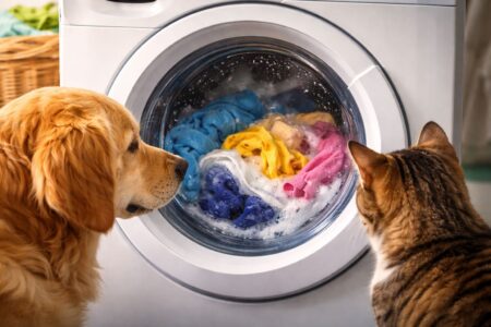cane e gatto che guardano lavatrice