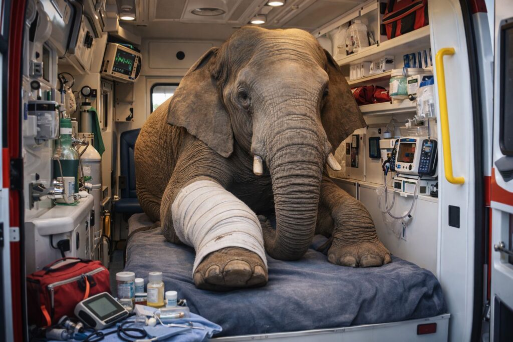 elefante in ambulanza con la zampa infortunata