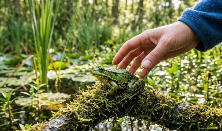 mano che afferra una rana
