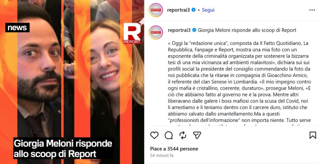 Giorgia Meloni attacca “la redazione unica” per aver diffuso una foto con un pentito del clan Senese Giorgia Meloni e il selfie incriminato