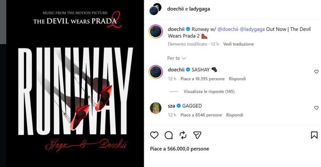 Il post Instagram di lancio di Runway