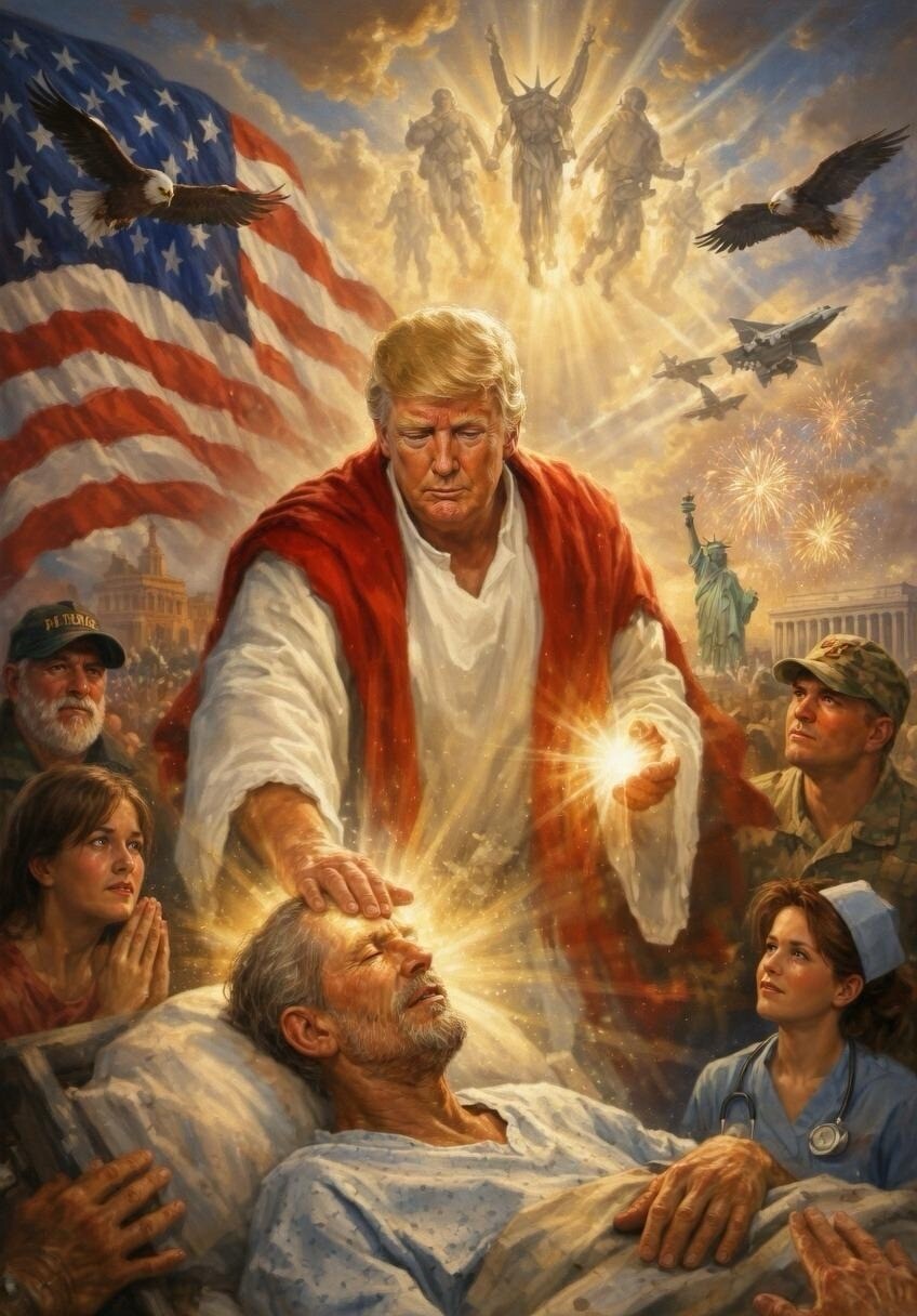 Trump che fa miracoli vestito da gesù
